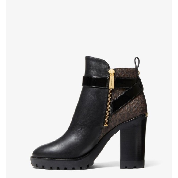 NEW MICHAEL KORS CLANCY LOGO And LEATHER ANKLE BOOT IN BLACK /BROWN - Picture 3 of 5